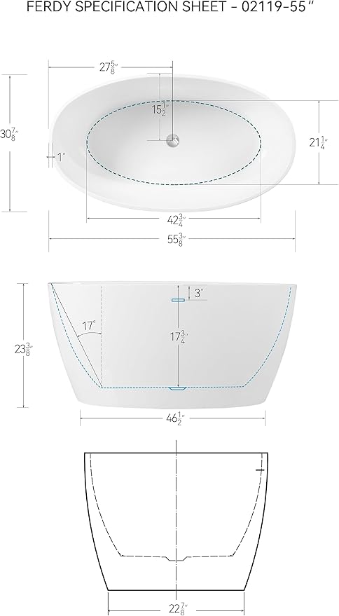 FerdY Tahiti 55" Acrylic Freestanding Bathtub, Elegant Oval Shape Soaking Bathtub, Glossy White, Chrome Drain & Integrated Slotted Overflow Assembly Included cUPC Certified