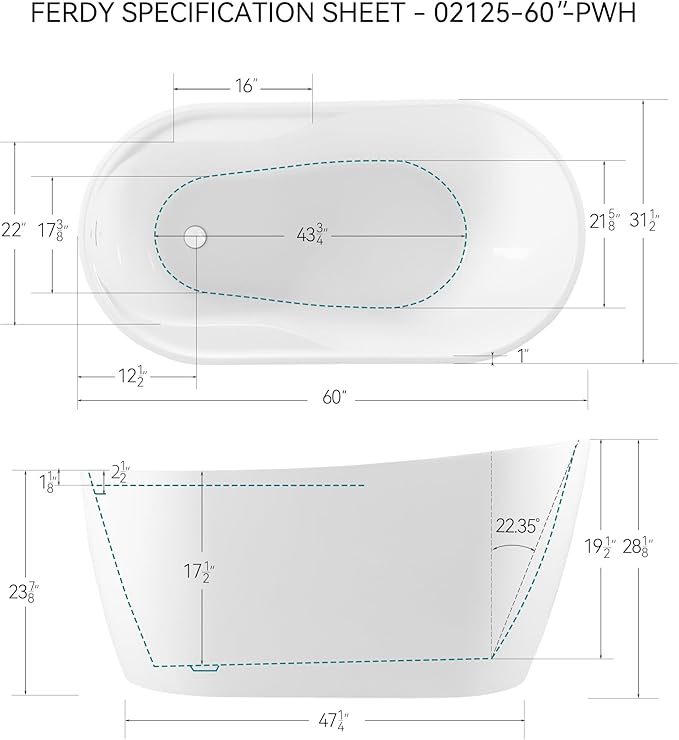 FerdY Lana'i 60" Freestanding Bathtub, Gracefully Shaped Freestanding Soaking tub, Glossy White, cUPC Certified, Polised White Drain Assembly Included