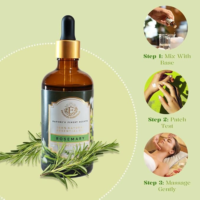 Luxurious Rosemary Essential Oil by Enhanced Essentials|Undiluted & Pure|for Hair Care,Skin Care, Aromatherapy,Bath,Massage,Gifting,Soap & Candle Making|with Glass Dropper| 3.38 fl oz (100 ml)