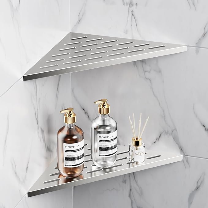 POPFLY 10" Silver Stainless Steel Corner Shower Shelf 2PCS, 304 SS Recessed Bathroom Shelves for Tile Walls, No Drilling Needed, Floating Shower Caddy with Drainage Slots, PF7501L