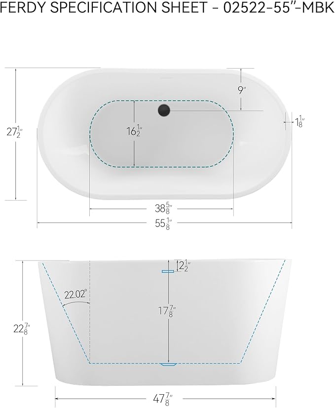 FerdY Shangri-La 55" Acrylic Freestanding Bathtub, Ergonomic Lightweight Classic Oval Soaking Bathtub with Matte Black Drain, Minimalist Linear Design Overflow, Modern White