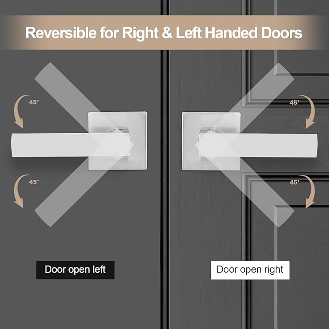 Square Passage Door Lever, Heavy Duty Interior Door Handles for Hallway& Closet Non-Locking Door Knob in Satin Nickel Keyless Door Lockset for Right & Left Side Door, 6 Pack