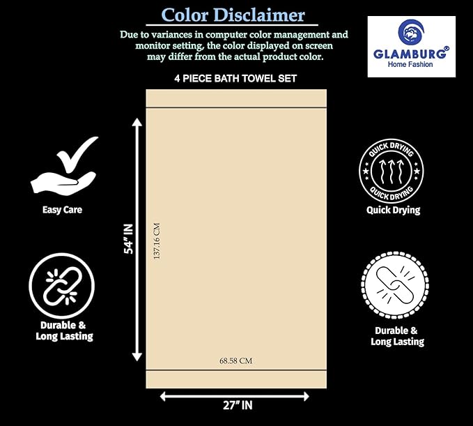 GLAMBURG Premium Cotton 4 Pack Bath Towel Set - 100% Pure Cotton - 4 Bath Towels 27x54 - Ideal for Everyday use - Ultra Soft & Highly Absorbent - Tan