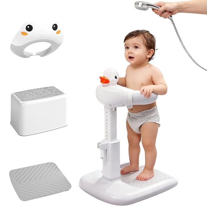 Adjustable Baby Shower Stand Support - Safety & Non-Slip Baby Bath Stand, Toddler Shower Stand for Infants 6-36 Months, Standing Bathtub Max 55 Lbs Capacity, Includes Shower Cap and Stool(Grey)