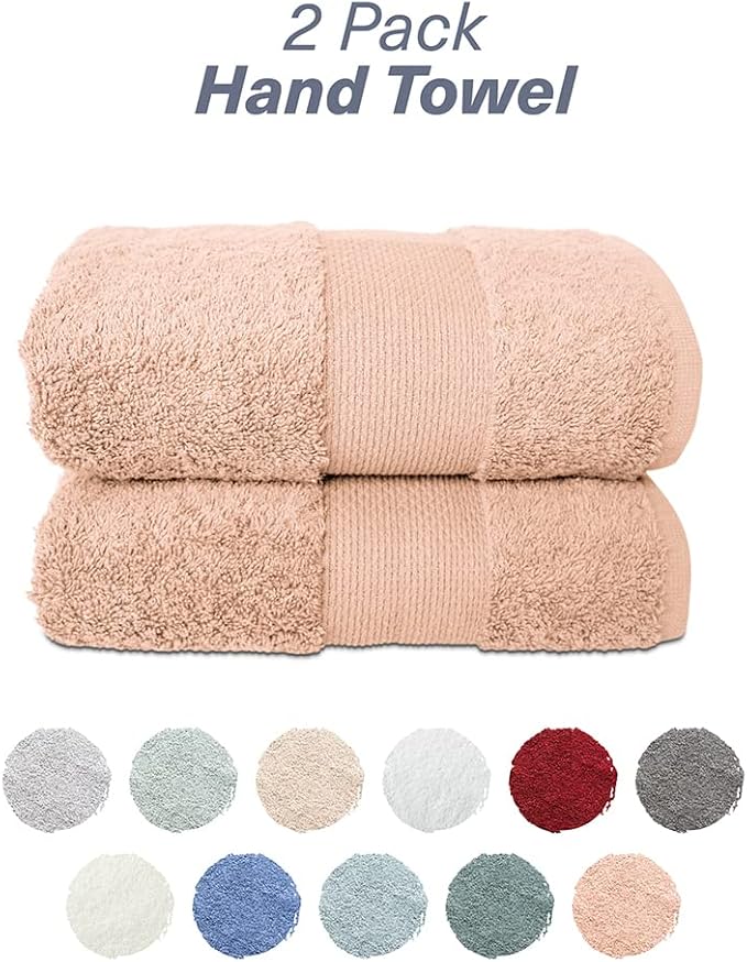 Hencely Luxury Hand Towel - Set of 2 (16x28 Inches) - Soft Turkish Cotton, Absorbent, Quick-Drying Face, Body, Kitchen, and Bathroom Towel (Hand Towels 2 Pack, Peach)