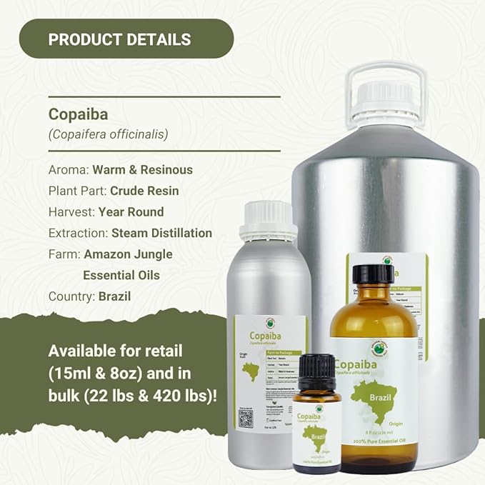 Copaiba Essential Oil - Direct from Amazon Jungle Essential Oils Brazil - Steam Distilled - Aceite de Copaiba for Aromatherapy, Massage, Diffuser, DIY Candle and Soap Making - 22lbs