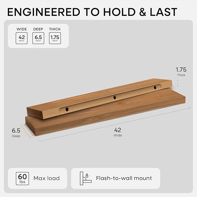 Homeforia 42 inch Golden Oak Floating Shelf, High End Solid Real Wood 42inch Small Floating Shelves for Wall Mounted, Oak Wooden 42in Floating Shelves, Heavy Duty Bracket, 42 X 6.5 X 1.75 in, Set of 2