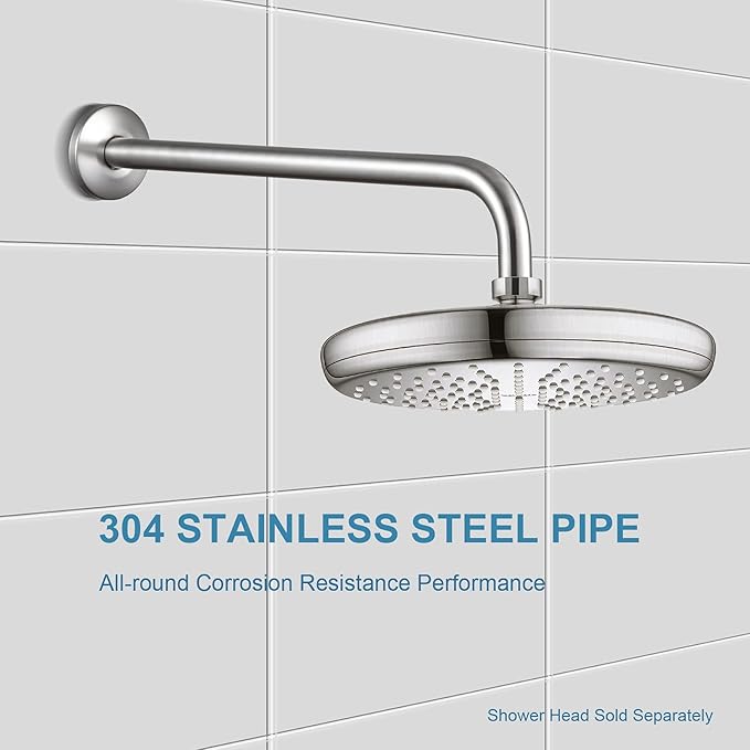 OFFO Shower Arm with Flange, 12 in Brushed Nickel Wall Mount Replacement Angle Shower Head Arm Wall-Mounted For Fixed Shower Head & Handheld Showerhead