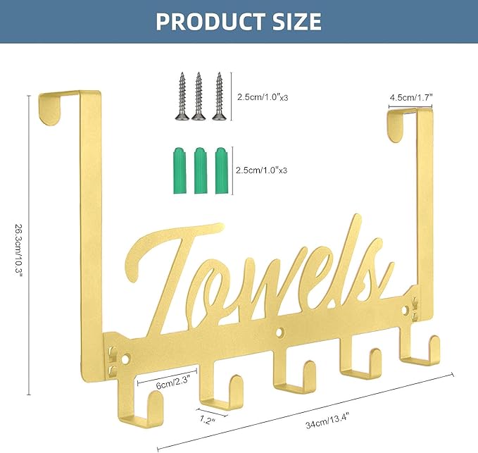 Over The Door Hooks - Heavy Duty Towel Rack with 5 Coat Hooks for Bedroom Kitchen, Gold Bathroom Decor