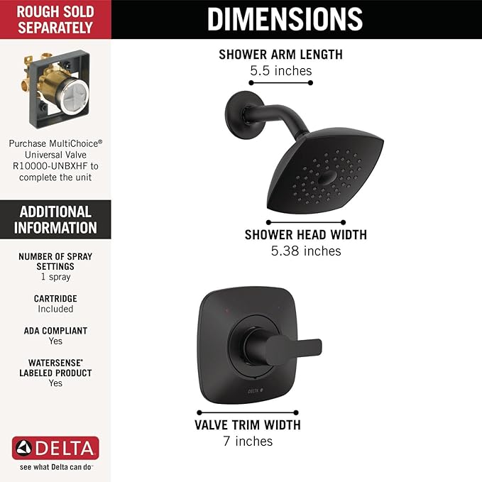 Delta Modern 14 Series Shower Faucet Set, Matte Black Shower Head and Handle Set, Valve Trim Kit, Matte Black T142339-BL-PP (Valve Not Included)
