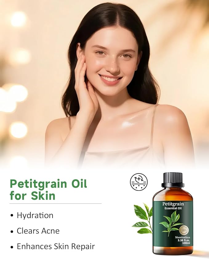 Pure Petitgrain Essential Oil for Bedtime Serenity, Evening Relaxation & Pillow Mist, Mumianhua Natural Citrus-Woody Aroma for Diffuser, Skin,Hair Care, Calming Blends, Soap, Candle Making 3.38 Fl Oz