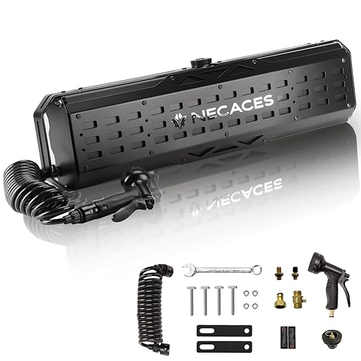 4.5Gallon Pressurized Water Tank,Portable Aluminum Camping Shower Water Storage with Spray Hose for Outdoor Activities Water Supply.Side Mounted on The Gantry of a Pickup Truck.