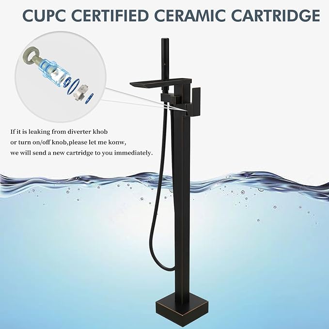 RUMOSE Oil Rubbed Bronze Bathtub Filler Freestanding Tub Filler Floor Mount Tub Faucet Waterfall Bathtub Faucet with CUPC Certified High Flow Brass Bath Shower Faucets with Handheld Sprayer