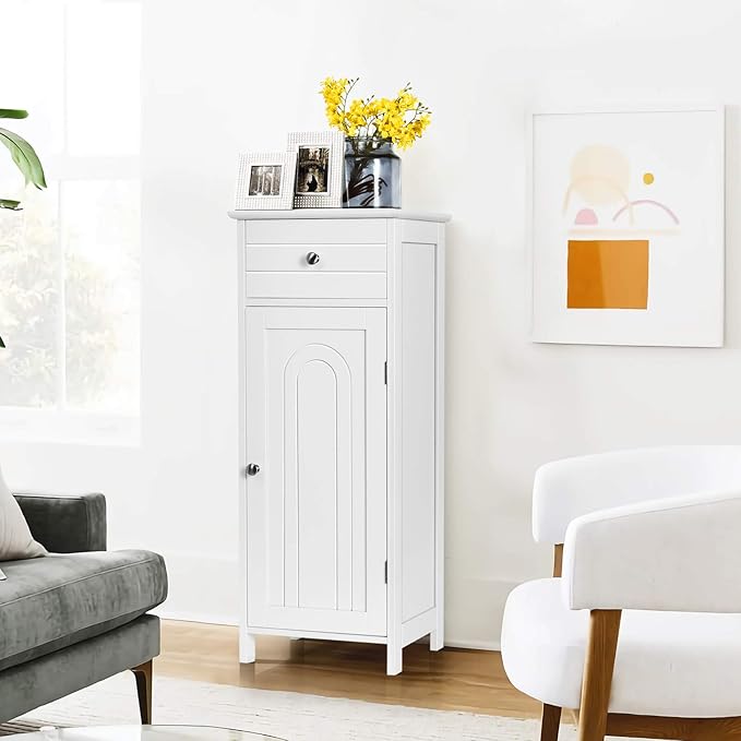 DORTALA Bathroom Floor Cabinet, Free-Standing Wooden Floor Storage Cabinet w/Large Drawer & 2 Adjustable Shelves, Morden Side Storage Bathroom Organizer for Living Room, White