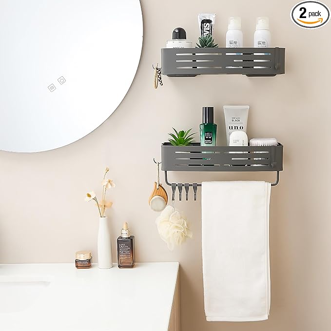 Shower Caddy Suction Cup, Space-Saving Shower Organizer Removable Storage Rack With Large Capacity, No Drilling Suction Shelves for Bathroom Storage & Home Decor(2 Tier Square-Gray)