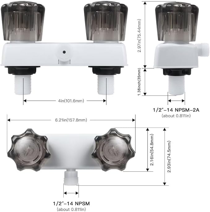 RV Shower Faucet, Camper Shower Faucet Replacement, with 2 knobs 4 Inches Outdoor Faucet use for Mobile outside Van Travel Trailer Motorhome Bathroom and Boat, White
