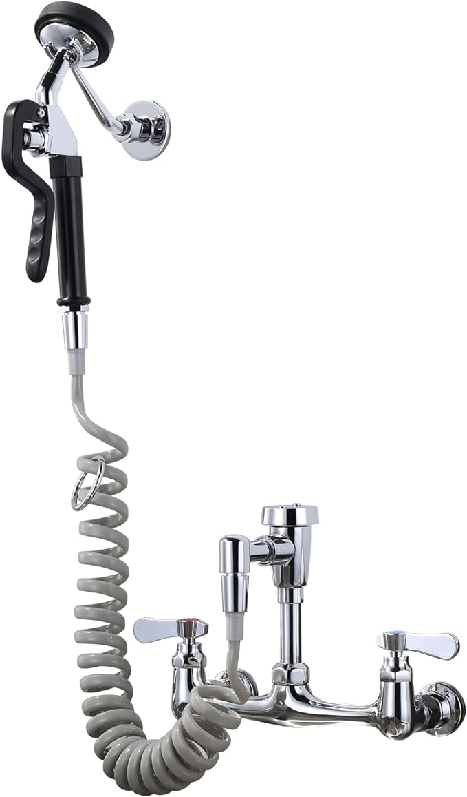 Pet Grooming Faucet, Wall Mount 8" Centers Mixing Faucet, Brass Pet Grooming Unit with Aluminum Spray Valve, Coiled Hose, Vacuum Breaker, Lever Handles for Shower Bathroom Garden Outdoors Sink