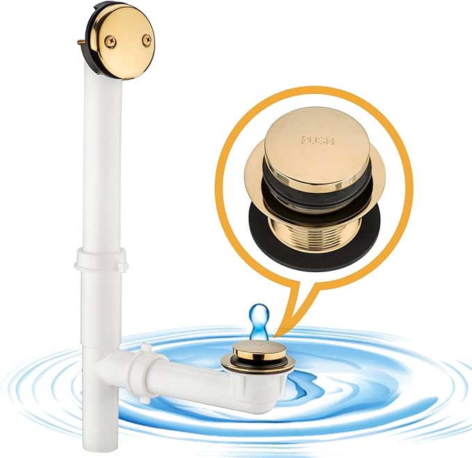 (1 Pack) Yariwiz 1-1/2" Golden Bathtub Tub Drain Kit Bath Waste Overflow Drain Tube Assembly with Touch-Toe Tub Drain Stopper and Overflow Faceplate Gold