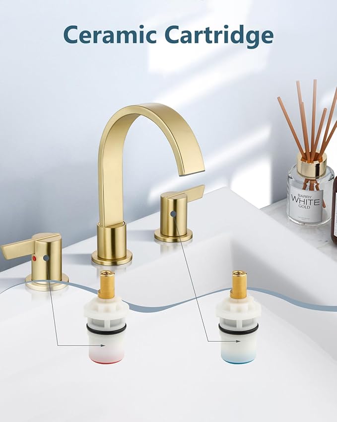 Aolemi Bathroom Faucets 3 Hole,8 Inch Widespread Waterfall Bathroom Sink Faucet,2 Handles Vanity Faucet with Pop-up Drain and Supply Hose,Gold