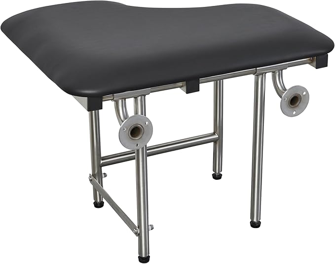26" x 22.5" Black Padded Wall Mount Folding Left-Handed Transfer Bench Shower Seat with Legs, ADA Compliant
