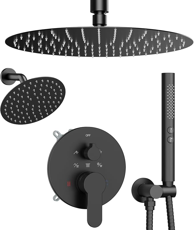 Shower Systems Shower Faucet Sets STARBATH 3 Way 12+6" Round Dual Rainfall Shower Head with Handheld Spray Combo, Ceiling Mounted Rain Shower Valve with 5 Diverter and Trim Kit Complete, Matte Black