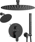 Shower Systems Shower Faucet Sets STARBATH 3 Way 12+6" Round Dual Rainfall Shower Head with Handheld Spray Combo, Ceiling Mounted Rain Shower Valve with 5 Diverter and Trim Kit Complete, Matte Black