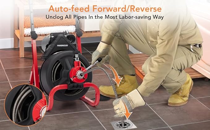 Heavy Duty Electric Drain Cleaner Machine, 75 Ft x 1/2 Inch Sewer Snake, 370w Auto-Feed, 6 Interchangeable Cutters, Gloves, Portable Pipe Cleaning Tool for 2-4 Inch Pipes
