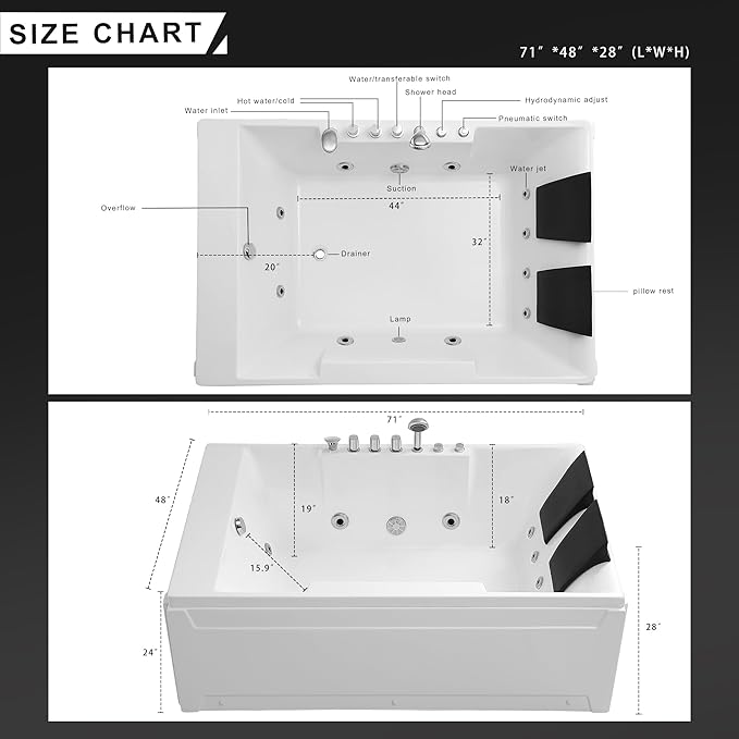 72-Inch Whirlpool Jetted Tub,Acrylic Hydro Massage Bathtub with 10 Jets, Color-Changing LED Lights,2-Person Jetted Bath Tub for Couples