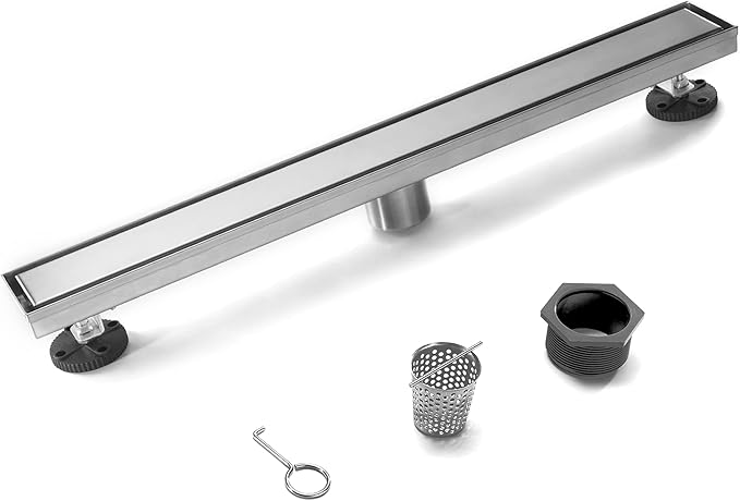 HEATGENE Linear Shower Drain 24-Inch, Stainless Steel Rectangle Shower Floor Drain with 2-in-1 Flat & Tile Insert Cover, Shower Drain with Leveling Feet & Hair Strainer, Brushed
