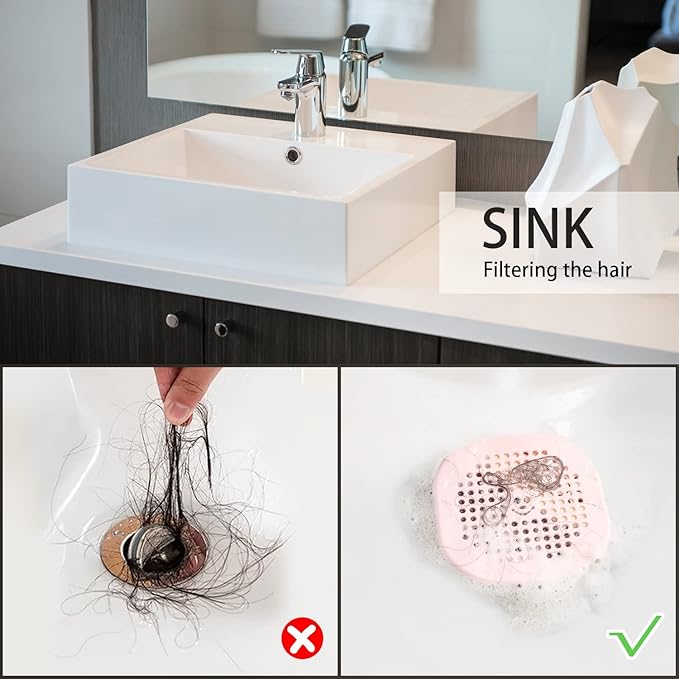 2 Pack Drain Hair Catcher Silicone Drain Protector Bathroom Accessories Hair Stopper Drain Cover for Shower Kitchen Bathroom Tub Pink
