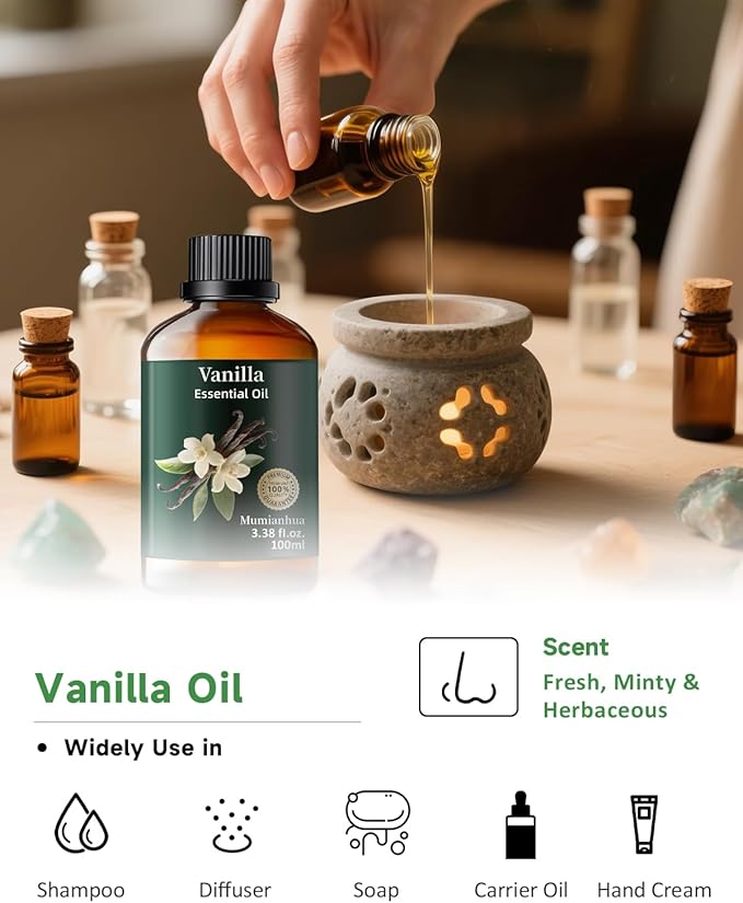Vanilla Essential Oil Pure, Mumianhua Natural Vanilla Bean Oil for Diffuser, Aromatherapy, Skin, Perfume,Candle, Soap Making,DIY 3.38 Fl Oz
