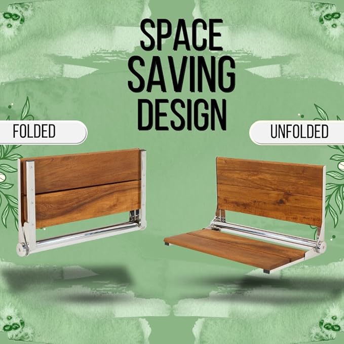 Teak Shower Seat - Contour Wood / Folding Wall Mount Bench for Inside Shower / ADA Safety Assist / 304 Stainless Steel / Polished Chrome / 18" x 16"