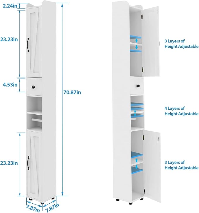 Tall Bathroom Storage Cabinet with Adjustable Shelves, Narrow Storage Cabinet with 2 Doors, Drawer, Toilet Paper Holder, Slim Storage Cabinet for Small Space, Kitchen, Laundry, Entryway, White