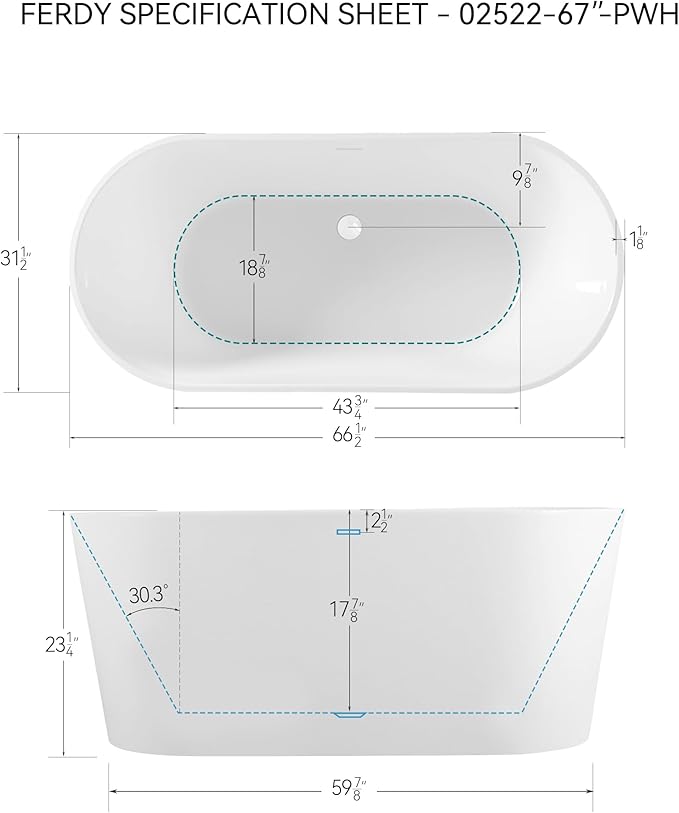 FerdY Shangri-La 67" Acrylic Freestanding Bathtub, Classic Oval Shape Acrylic Soaking Bathtub with Polished White Drain & Minimalist Linear Design Overflow, Modern White, cUPC Certified