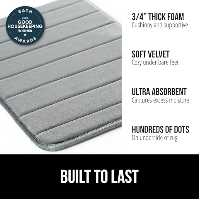 GORILLA GRIP Memory Foam Bath Mat, Soft Absorbent US Designed Bathroom Rug, Gripping Dots Machine Washable Bathmat, Cushioned Floor Mats, Shower Sink Rugs Room Décor Accessories, 42x24 Graphite Gray