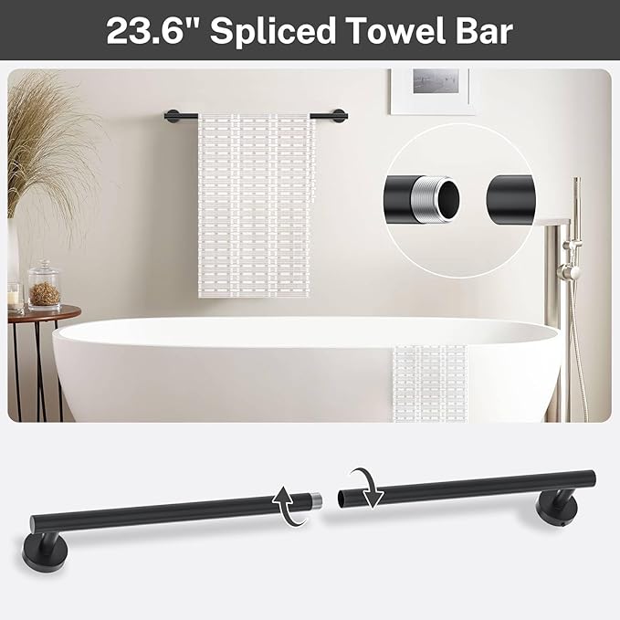 Matte Black Towel Bar Set 5 Pieces Bathroom Hardware Accessories Set Round Towel Holder Set for Bathroom Upgraded Toilet Paper Holder Stainless Steel Wall Mounted Towel Rack Set,23.6 Inch