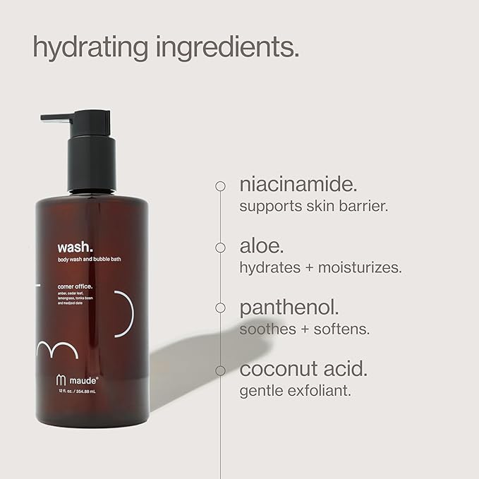 Maude Wash pH Balanced Moisturizing Body Wash & Bubble Bath - Unisex Sandalwood & Eucalyptus Shower Gel With Vitamin C - Full Body Skin Care Products & Bathtub Accessories - No.3 Green Room (12 fl oz)