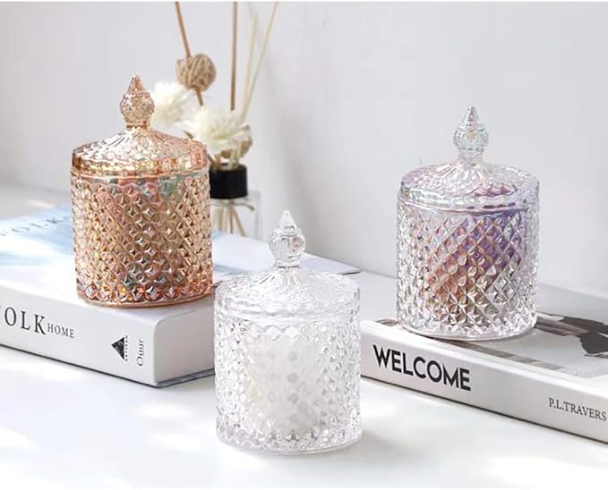 Colorful Home Decorative Jar Qtips Holder Dispenser Glass Storage Container Bathroom Counter Vanity Organizer for Bath Salts/Swabs/Rounds Makeup Sponges Toothpick Jewelry (Amber,10 oz，2