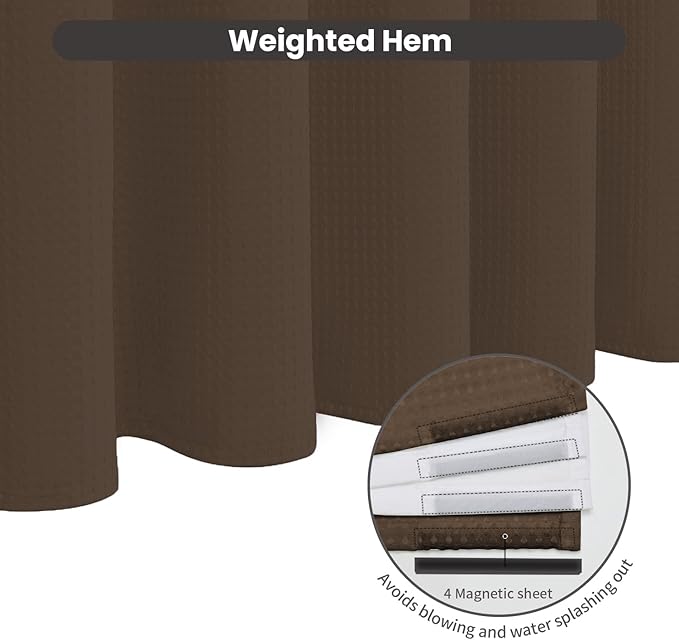 Inhousolu No Hook Waffle Weave Shower Curtain with Removable Snap in Fabric Liner Set for Bathroom, 230 GSM Heavy Duty Weighted Hem, Water Repellent Washable Bath Curtains, 72 x 72 Inch, Brown
