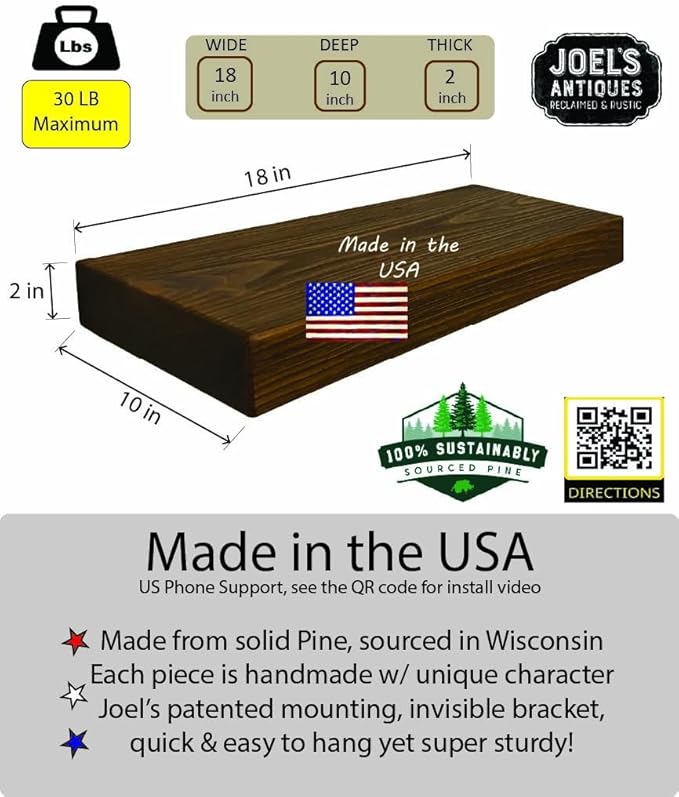 joelsantiques - 24 Inch Wooden Floating Shelves for Wall - 24x10x2 in - Made of Natural Wood - Heavy Duty Rustic Wall Shelves for Bedroom - Perfect for Living Room, Kitchen - Medium Brown