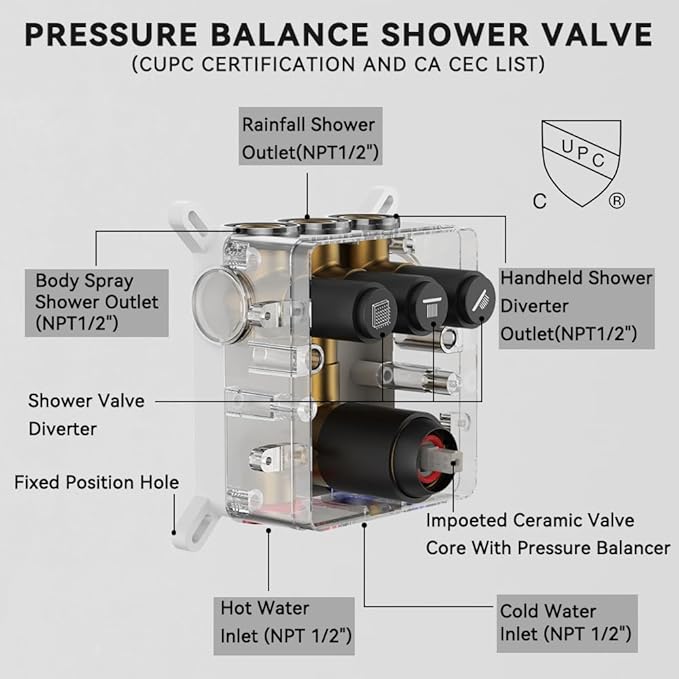 Shower Faucet Sets Shower System, 2 Head Shower System Rain Showerhead for Two People, Ceiling Mount Shower Fixtures with On Off Button Valve Body and Trim Kit Complete, 10+6" Matte Black