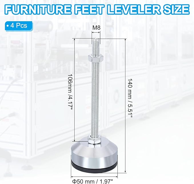 PATIKIL Furniture Leveling Feet 2" Dia Base M8 Thread, 4 Pcs Carbon Steel Adjustable Threaded Furniture Leveler Screw on Leg Levelers with Pads for Desk Chair Cabinet, Black