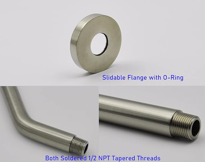 Aquaiaw Shower Arm and O-Ring Flange, 8 inch, Solid Brass, Round, Both Soldered 1/2 NPT Tapered Threads, PVD Brushed Nickel Wall Mount Shower Arm Extension with Escutcheon, for Rain Shower Max.12 inch