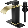 Bathroom Faucets Matte Black and Gold Waterfall Bathroom Sink Faucet Modern Single Handle Bathroom Faucet for 1 or 3 Hole Mxier Tap Washbasin Faucet with Deck, Pop-up Drain and Supply Hoses