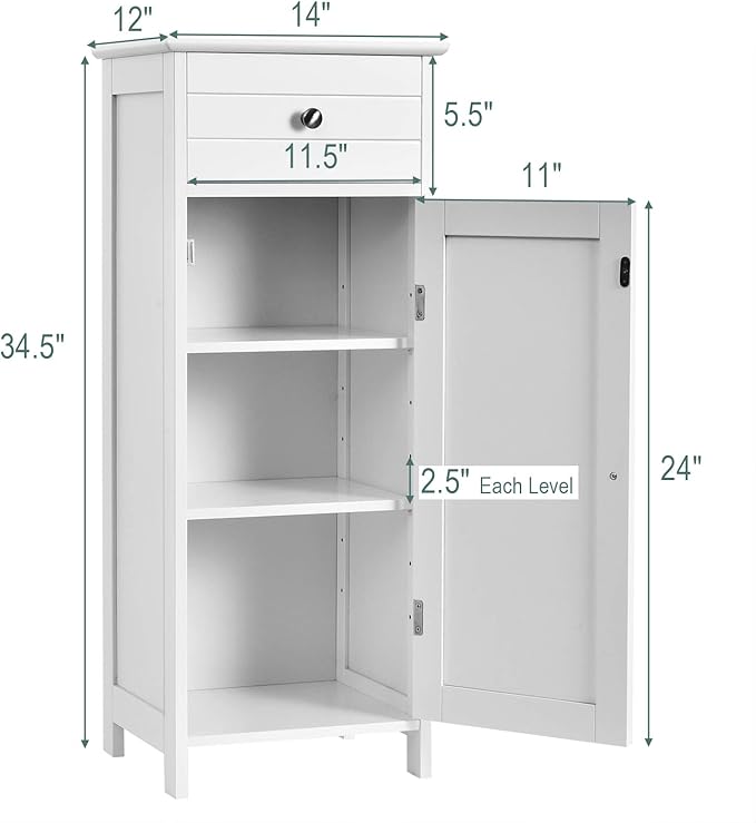 DORTALA Bathroom Floor Cabinet, Free-Standing Wooden Floor Storage Cabinet w/Large Drawer & 2 Adjustable Shelves, Morden Side Storage Bathroom Organizer for Living Room, White