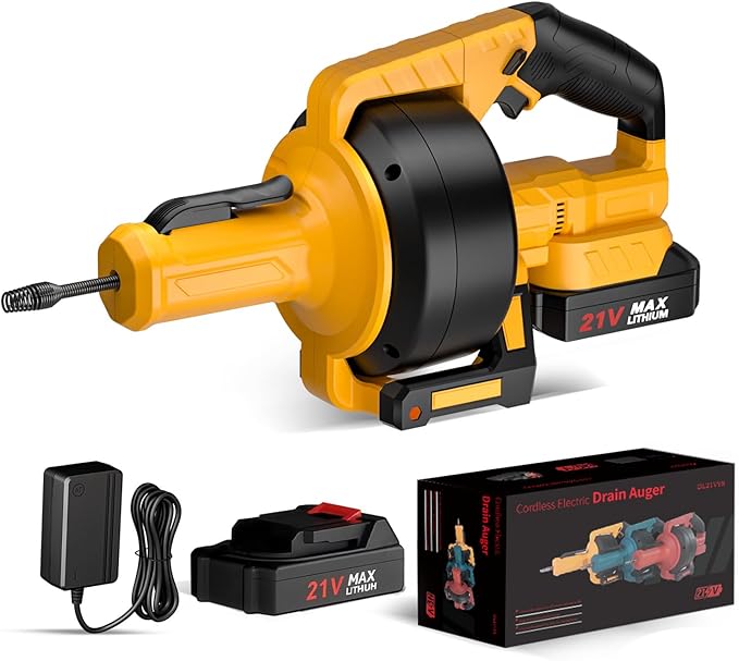 Electric Drain Auger, 21V Cordless Drain Snake, 25Ft Auto-Feed Snake Drain Hair Removal Tool with 2.0Ah Battery, Sink Snake Drain Cleaner for Sewer, Kitchen, Shower 3/4"-2.95" Pipes(Bag&Gloves&Rag）