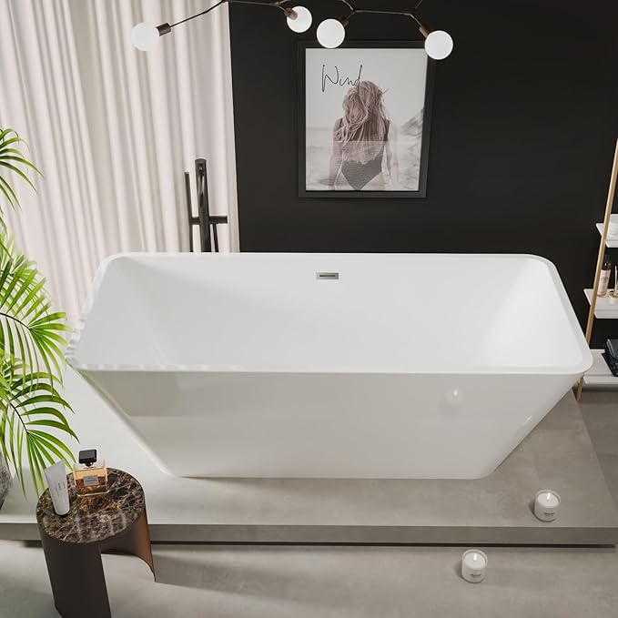 59" Freestanding Bathtub, Acrylic Soaking Tub, Chrome Overflow & Drain, Easy Installation for Modern Bathroom, White