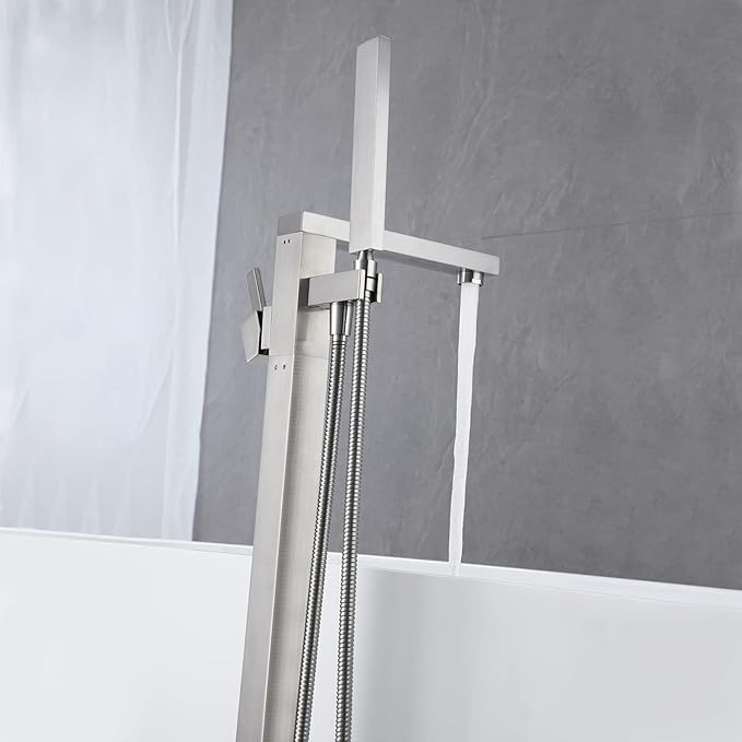 Freestanding Bathtub Faucet Tub Filler Brushed Nickel Floor Mount Bathroom Faucets Brass Single Handle with Hand Shower