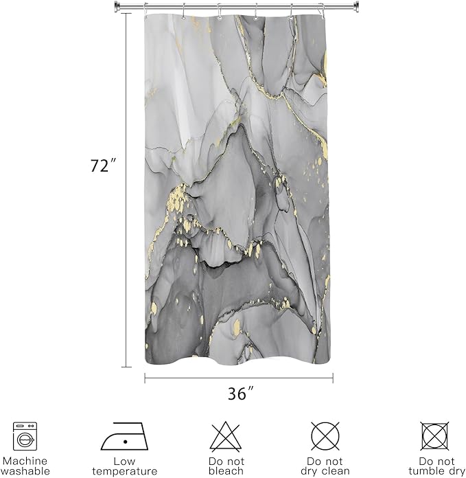 Small Stall Marble Shower Curtain 36 x 72 Inch, Half Narrow Abstract Modern Shower Curtains for Bathroom, Luxury Art Ink Texture Fabric Shower Curtain Set with Hooks, Grey
