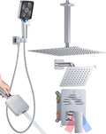 Shower System with Pressure Balance Valve, 12" Ceiling Mount Shower Faucet Set with 2 Rain Shower Head And Multi-function Handheld Head Push Button Diverter Pressure Balancing Valve Kit,Chrome